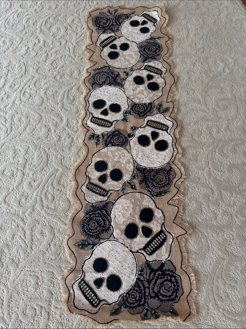 Christian Lacroix Black & Cream Embroidered Floral & Skulls Jute Table Runner